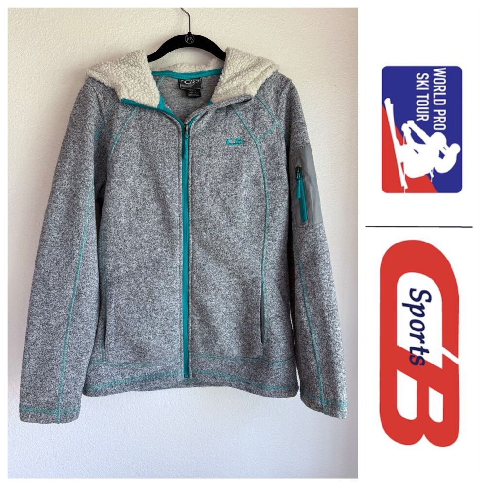 CB Sports Womens Zip Up Knit Hooded Jacket with Fleece Lined Hood in Gray & Teal
